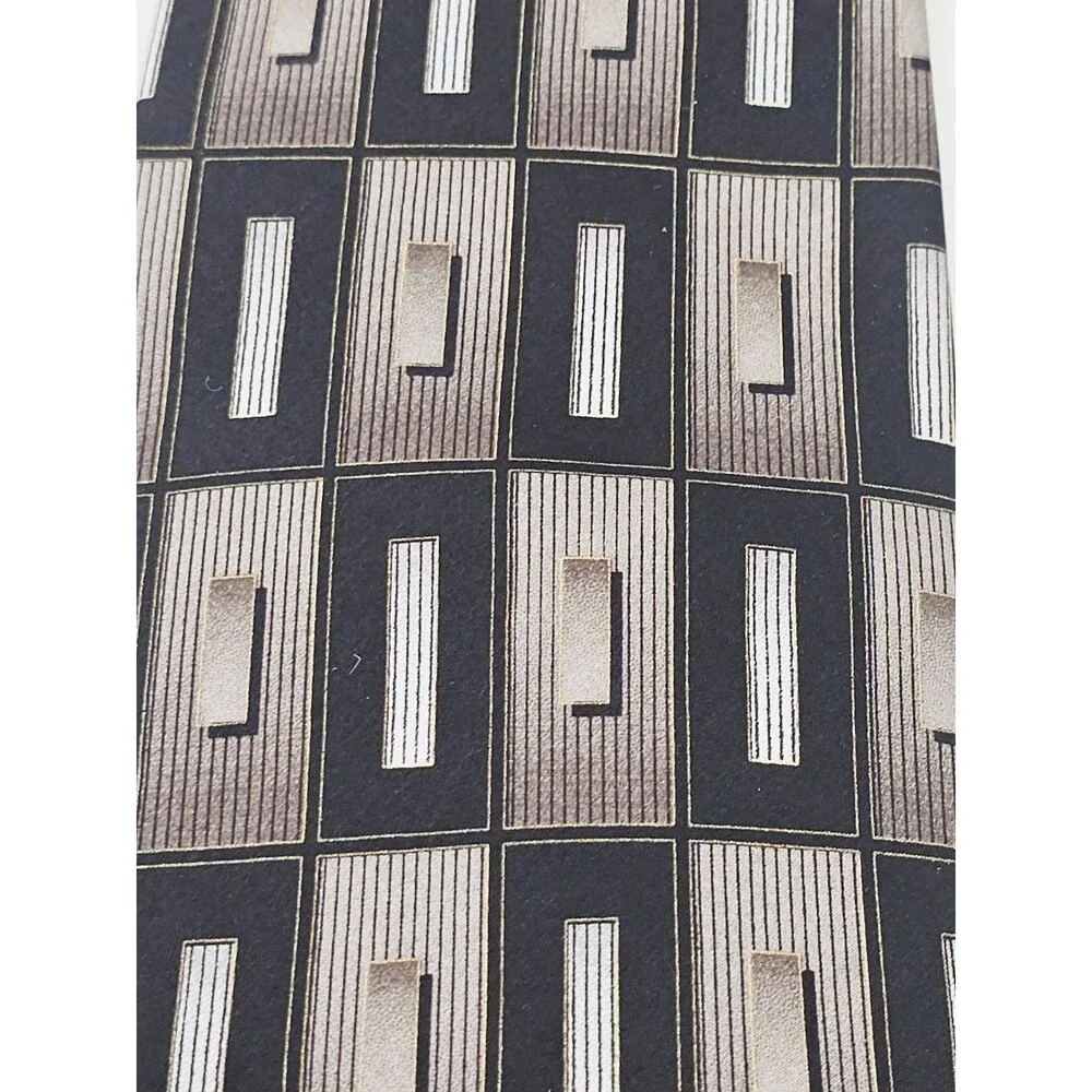 Hermoso New York Silk Necktie Art Deco Silver Black Rectangles Geometric Foulard